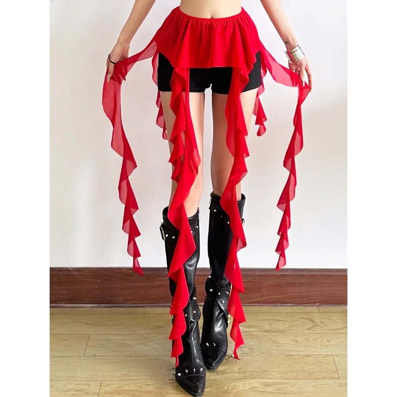 2025 New Korean Style Cool Spicy Y2K Vibrant  Color Asymmetrical Fringed Half Skirt Women's Jelly Sash Versatile Waistband