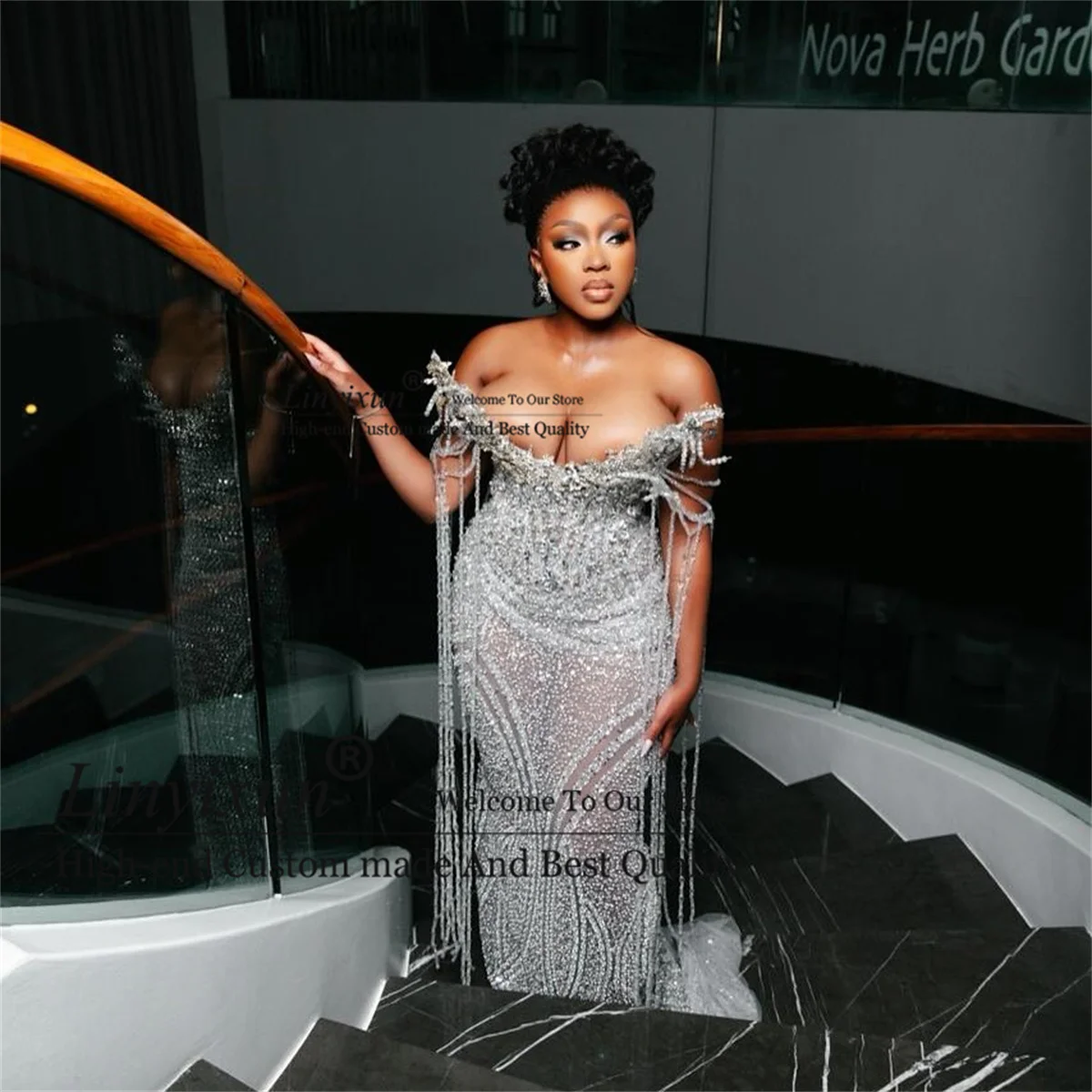 African Dubai Mermaid Prom Dress For Black Girl Glitter Rhinestones Crystal Tessal robes de soirée Customized Evening Party Gown image 2