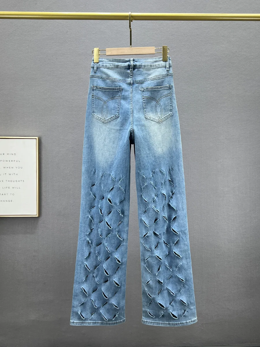 Pantaloni in denim strappati con diamanti Pantaloni da donna a catena a vita alta slim a gamba dritta Jeans casual Blu Industria pesante Moda di strada