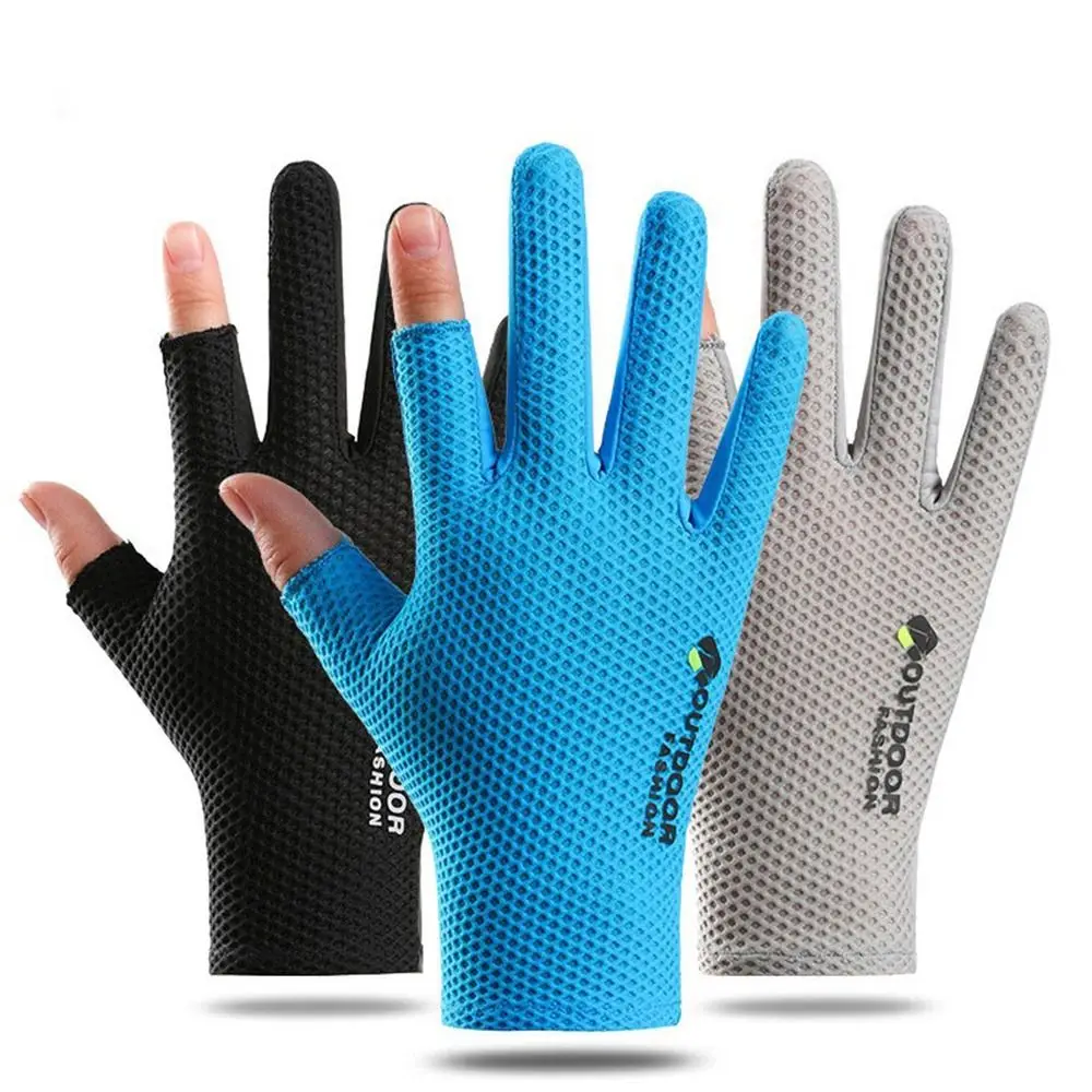 Guantes de seda de hielo de dos dedos, manoplas de malla antideslizante para ciclismo, protección solar, guantes deportivos finos para exteriores