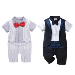 Baby Boys Baptism Romper Infant One Piece Stripe England Christening Jumpsuit Bebe Little Boys Gentleman Birthday Clothing 12M