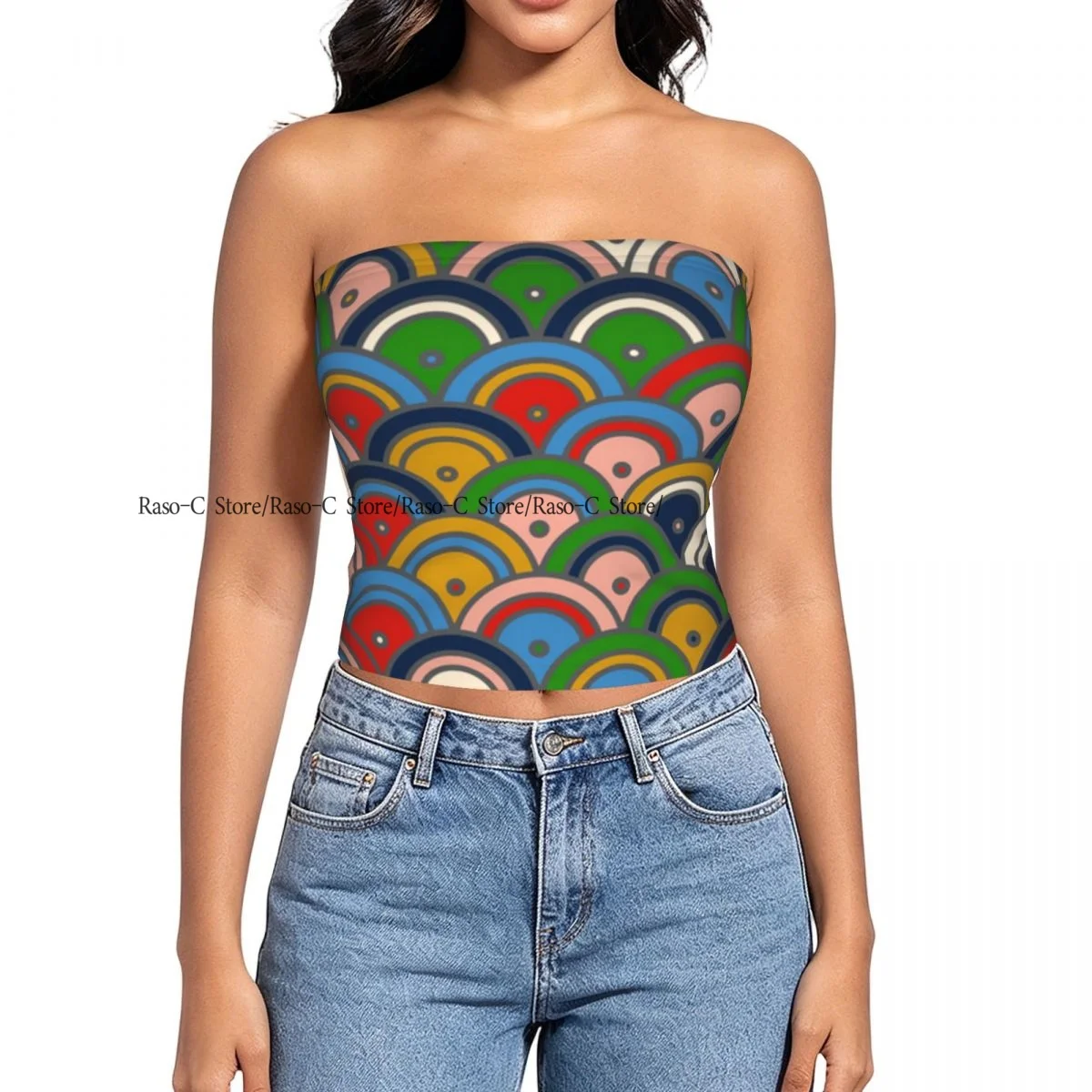 Women Shirt Summer Strapless Backless Tops Half Circle Colorful Pattern Sleeveless Vest