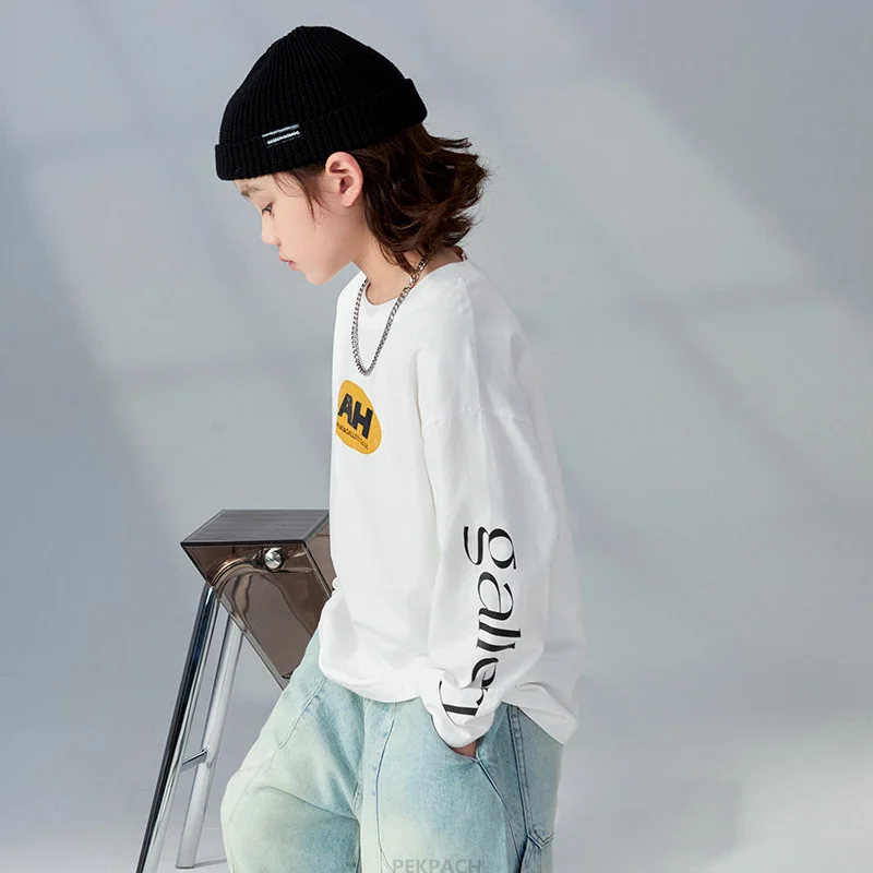 Letter Print School Boy Fashion T-shirtFor Teenage Kids Cotton Spring Clothing Children Luxury Long Sleeve Tshirt Costume 5-14 Y