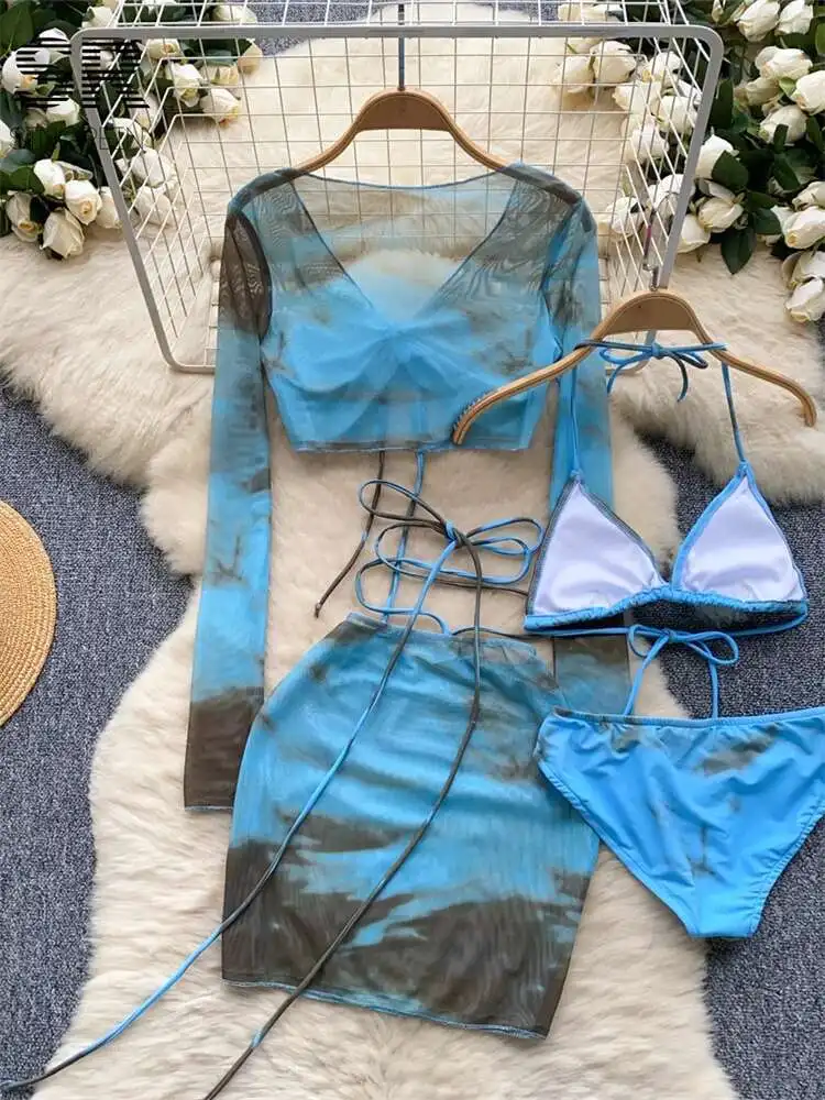 BabYoung Ternos Sexy Mulheres Verão Regata + Leggings Triangulares + Camisa de Manga Longa + Saia Curta Bodycon Conjuntos de 4 Peças de Férias