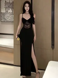 Sexy Black Lace Maxi Dress for Women Hollow Out Split Bodycon Camisole Dresses Vintage Evening Party Club Fashion Spring Autumn