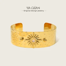 YACHAN High Quality Stainless Steel 21MM Wide Bangle Bracelet for Women Natural Stone Statement 18K Plated Golden Star Bracelets