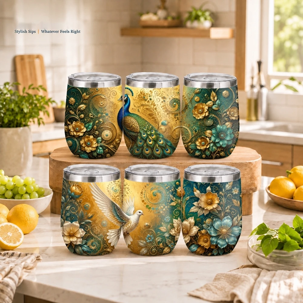 Golden Hummingbird Motif Vacuum Flasks 12oz Insulated Stainless Steel Mug with Lid Double Wall Drink Coffee Cup Travel Tumbler