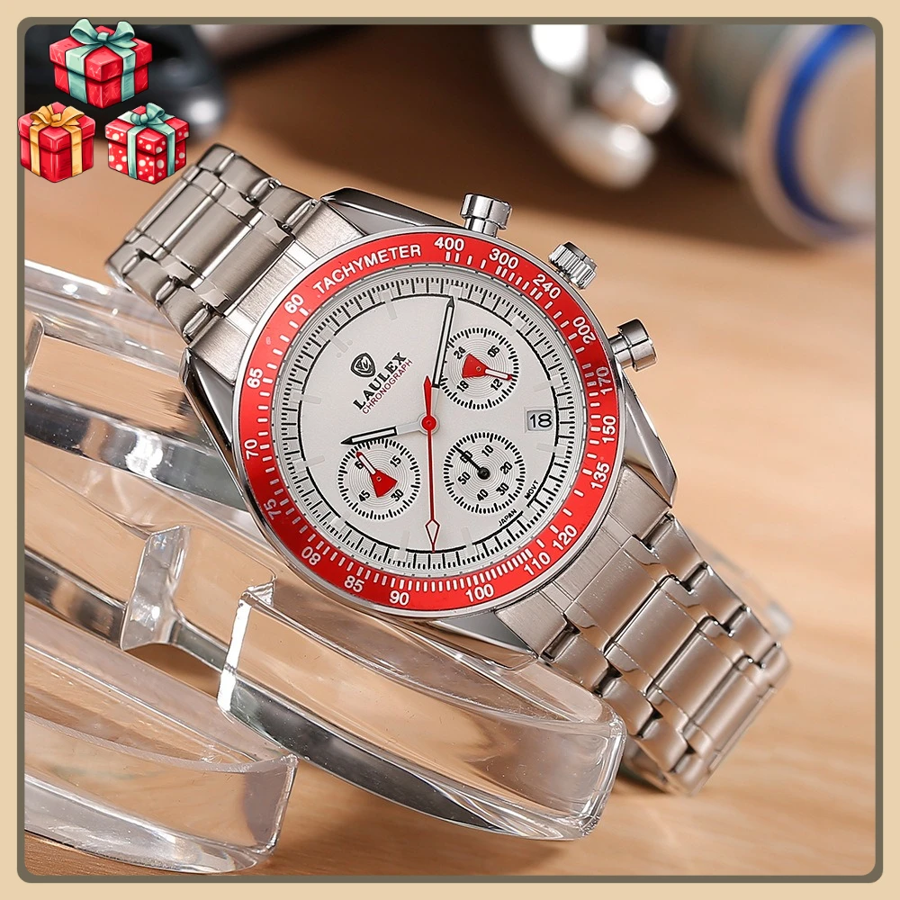 TEMU الطلب لهب أحمر ثلاثة عيون الذهب الأسود الأزواج ساعة كرونوغراف التقويم التلقائي متعدد الوظائف ضبط الوقت