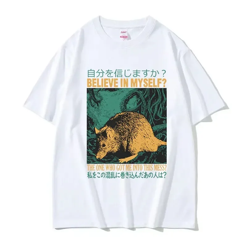 Believe in Myself Funny Graphic T Shirt Retro Japanese Rat Print Short Sleeve T-shirt Men Women Fashion Oversized Tshirts