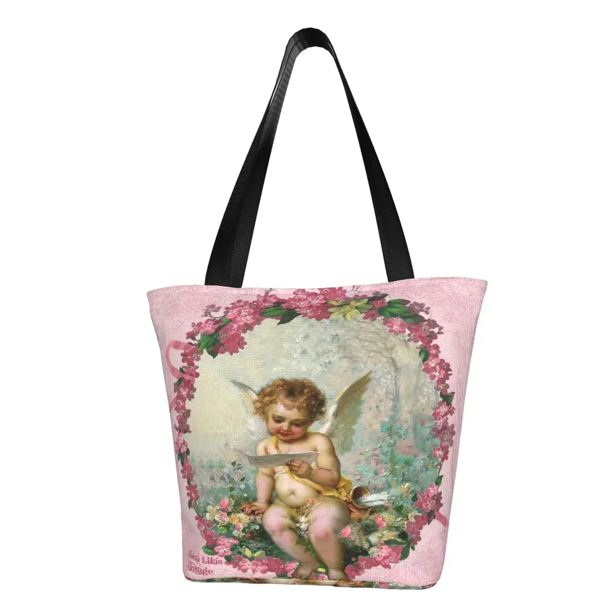 Custom Victorian Angel Vintage Rose Canvas Shopping Bag Women Durable Groceries Shopper Tote Bags