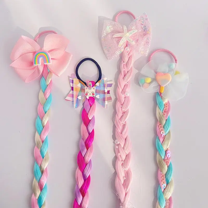 Unicorn Cute Wigs Ponytail for Kids Girl Candy Color Cartoon  Butterfly Bow Ponytail Hair Styling Rubber Bands Headwear Braid