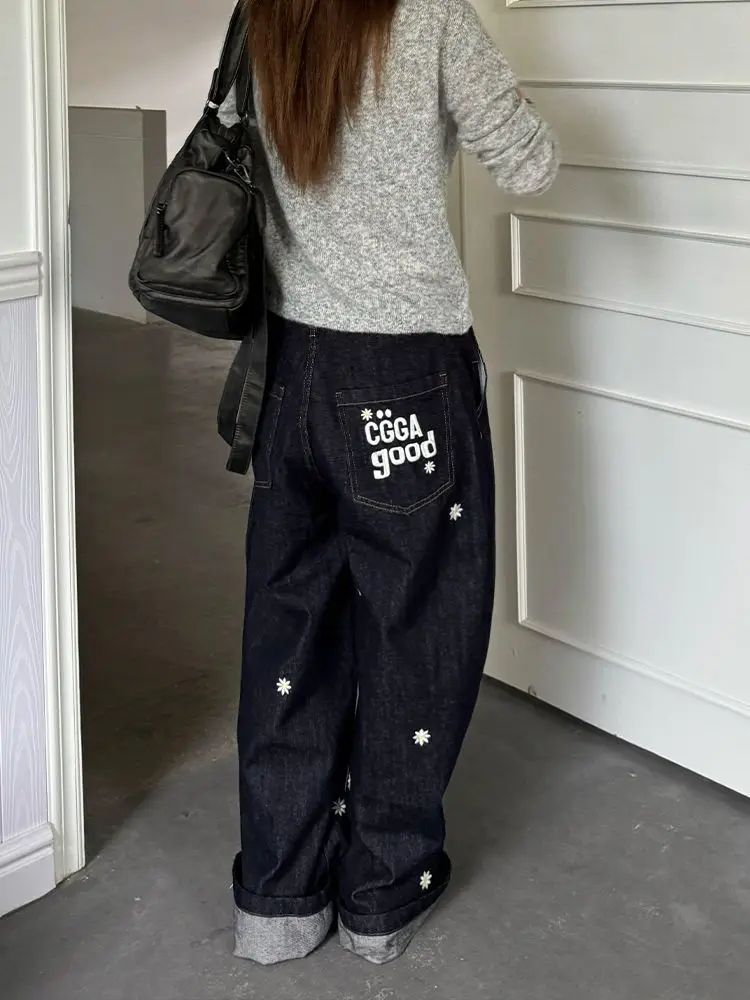 ديبتاون زهرة سوداء إلكتروني التطريز النساء الجينز الجمالية غسلها واسعة الساق الكورية موضة مستقيم سراويل جينز فضفاض Gyaru