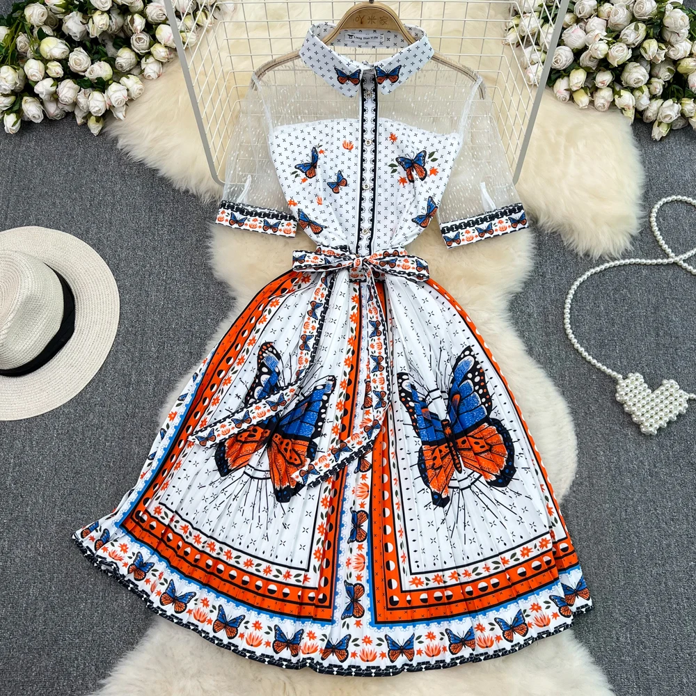 

2024 Summer Turn-down Neck Butterfly Print Mesh Splice Dress Women Fashion Waist Tied Bow A-line Pleated Shirt Dress Women