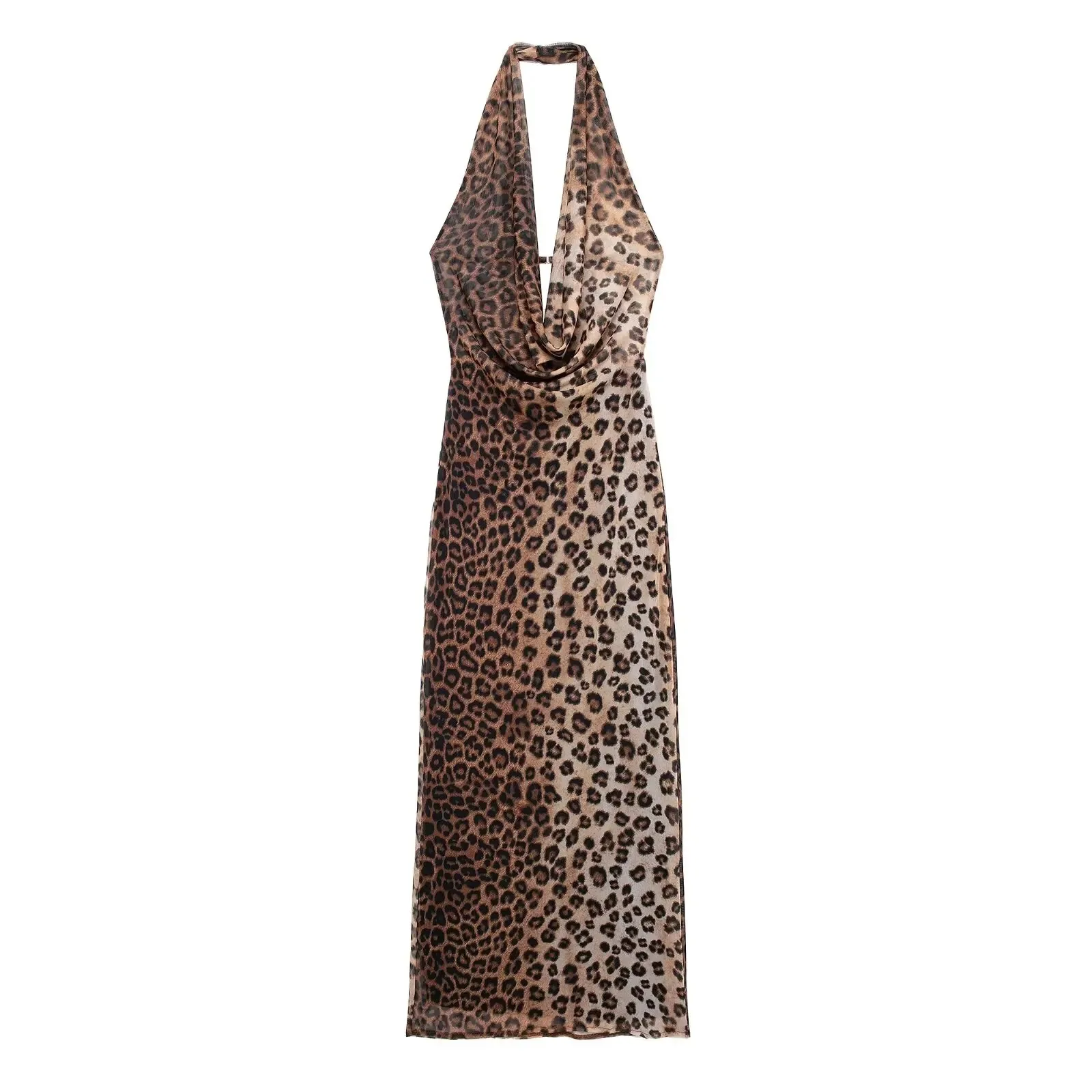 TRAFSHE Vestido largo con estampado de leopardo para mujer, camisola Sexy plisada con espalda descubierta y cuello colgante, vestidos de fiesta informales ajustados de verano