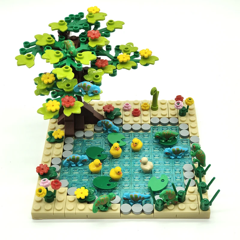 Chameleon Jungle Farm Scene MOC Toys Pasture Building Blocks Shrub Bricks Assembly Pond Lizard Breeding Base DIY