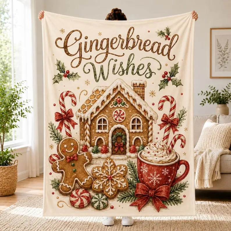 Gingerbread Wishes Christmas Blanket, Gingerbread House Throw Blanket, Christmas Fleece Blanket, Holiday Blanket, Cozy Christmas Decor