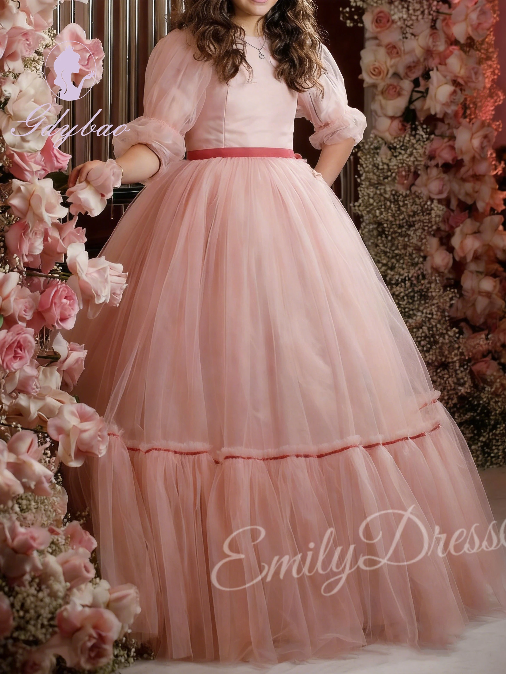 

Stunning Sister of Bride Custom Pink Flower Girl Dress For Wedding Tulle High Waist With Belt Kids Birthday Beautiful Teen Gown