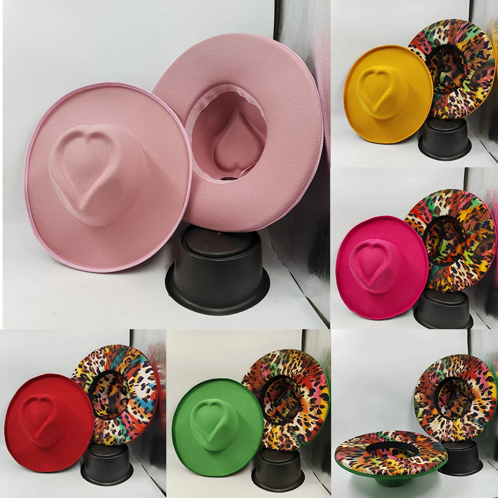 Winter Leopard Heart Top Fedora Women's and Men's Hat Fashion Big brim Panama Jazz Hat Party Hat 2024 New Sombrero mujer