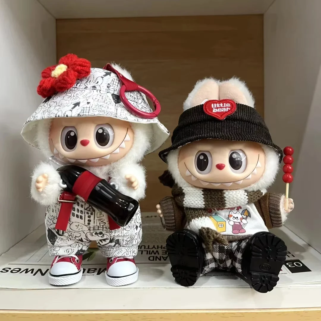 

17cm Labubu V1/V2 Doll Clothes Set Printed Graffiti Hoodie Set with Fisherman Hat and Strap Pants for Labubu