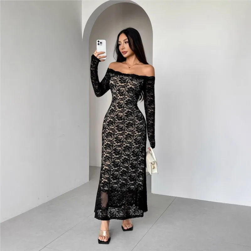 

New Long-sleeved Lace One-neck Slimming And Form-fitting Dress For Women Autumn And Winter