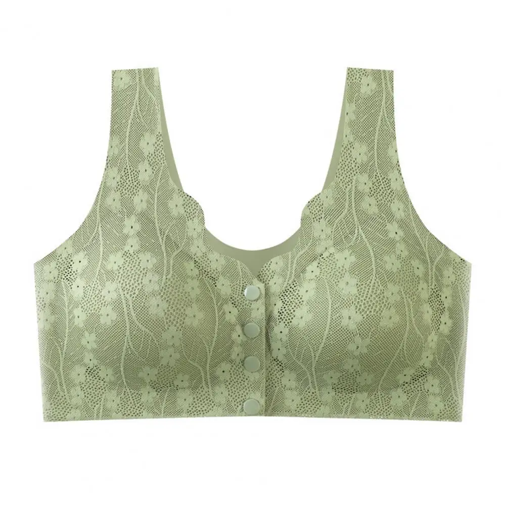 Women Bra Front Button Closure Push-up Flower Lace Anti-snagging Removable Breast Pad Thin Wide Shoulder Strap Jogging