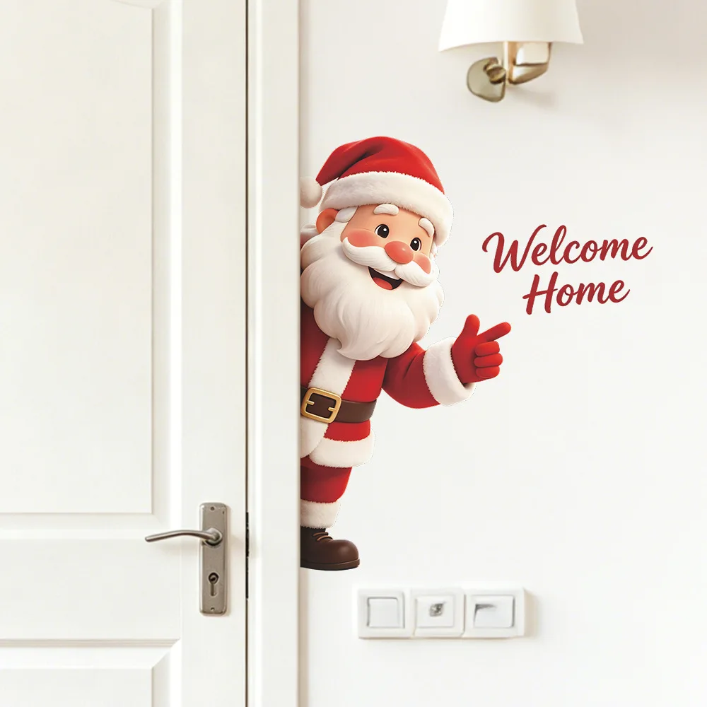 1Pc Cute Santa Claus Peeking Wall Art Sticker Welcome Home Letter Decal Removable Vinyl Christmas Mural for Door Wall Xmas Decor