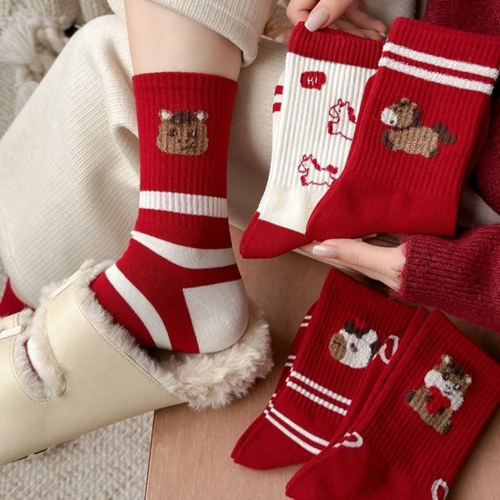 

Cute Cotton Horse Pattern Socks Elastic Comfortable Cartoon Red Socks Breathable Soft Zodiac Year Socks Party