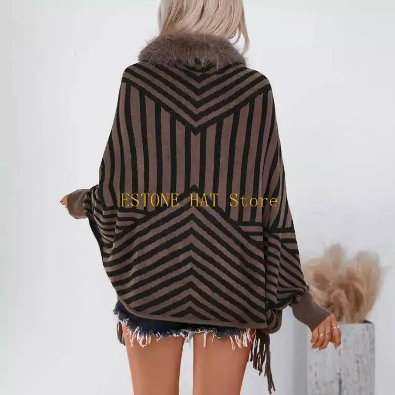 49MF Women's Cardigan Sweaters Sleeve Shrug Shawl Knit Striped Open Front Furry Collar Tassels Ponchos Cloak Coverup