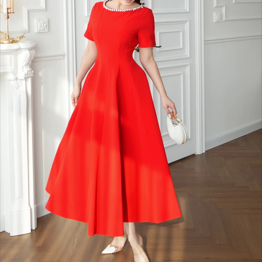 

Customized A-line Evening Dresses Tea-length O-neck Short Sleeve Prom Gown Fashion Crystal Simple Draped Casual Party Gown