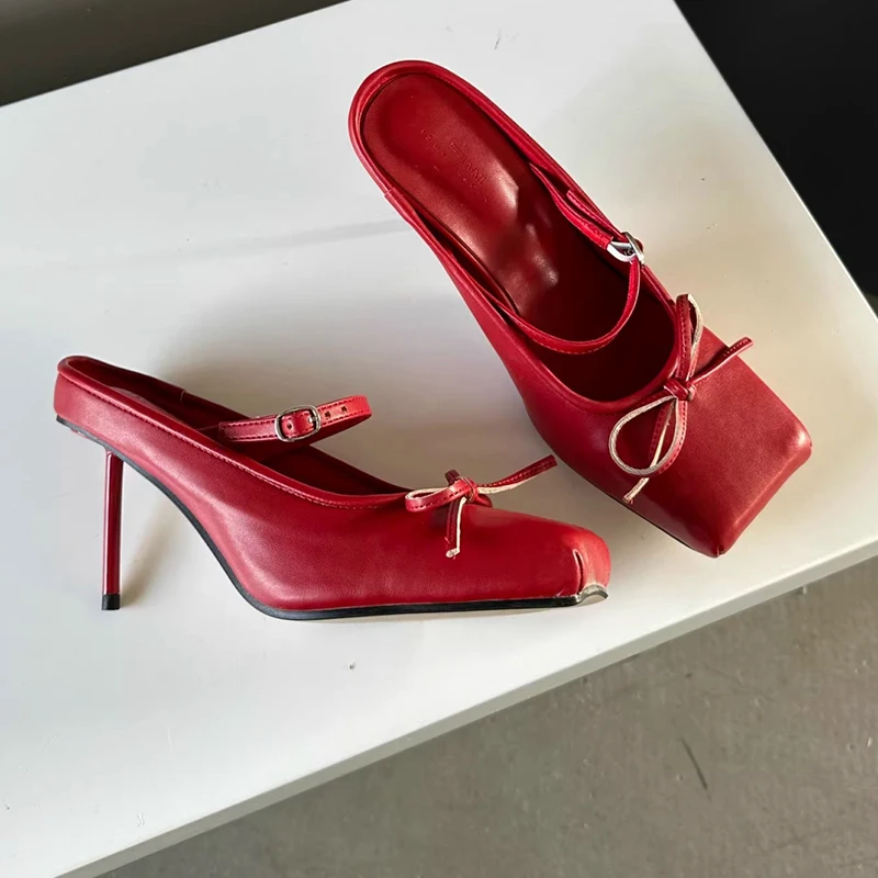 

High Heeled Slippers Woman Bow Square Toe Fashion Shoes Elegant Woman Sandals 2025 Summer Luxury Pumps Dress Sandalias De Mujer