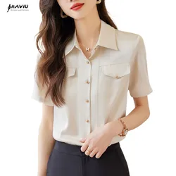 NAVIU Fashion Women Shirt New Summer Temperament Slim Short Sleeve Formal Chiffon Blouses Office Ladies Work Tops Blue