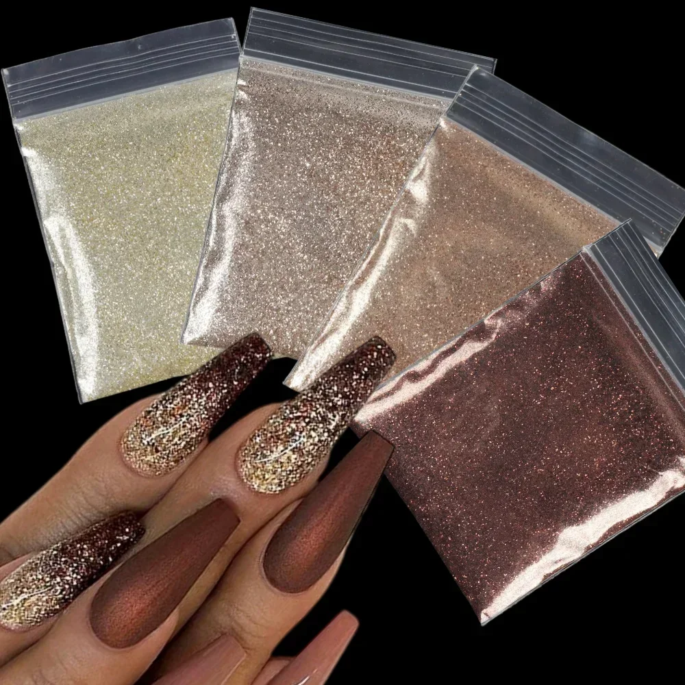 4 pçs/set café marrom brilhante arte do prego glitter pó fino finamente cromo pigmento manicure acessórios outono inverno decoração do prego