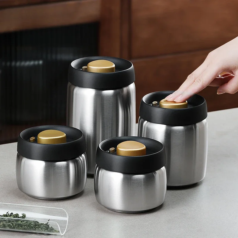 

Stainless steel tea sealed jar Moisture-proof household tea storage jar press vacuum high-grade coffee bean sealed jar