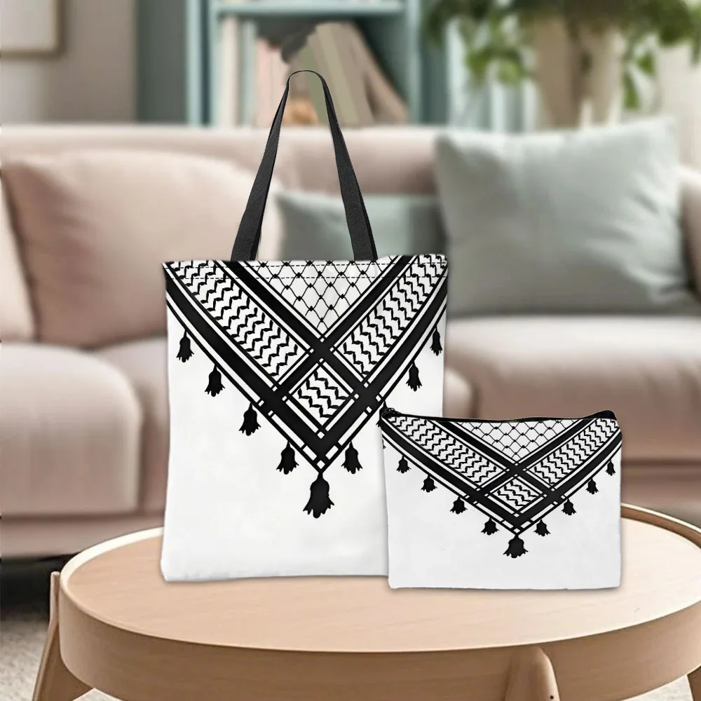 

Сумка-тоут Keffiyeh с шарфом в клетку и косметичкой, черно-белая сумка через плечо с геометрической кисточкой для покупок, дорожная косметичка