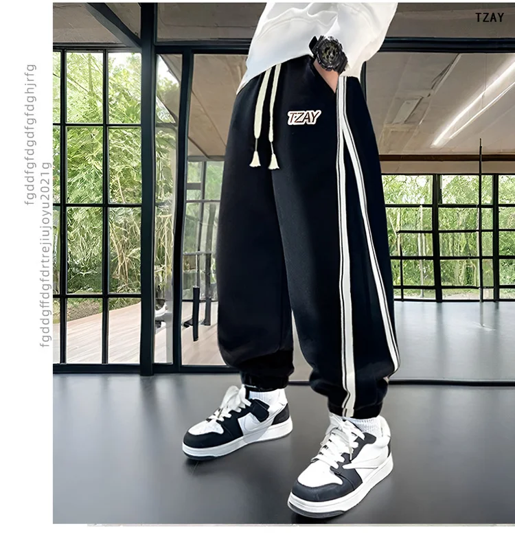 Lose geschnittene Sport-Hosen für Teenager-Jungen mit Seitenstreifen, hochwertige Kinder-Frühlings-Sweathosen, schmal geschnittene Kinderhosen, Größe 5 7 9 13 14 – Detail 4