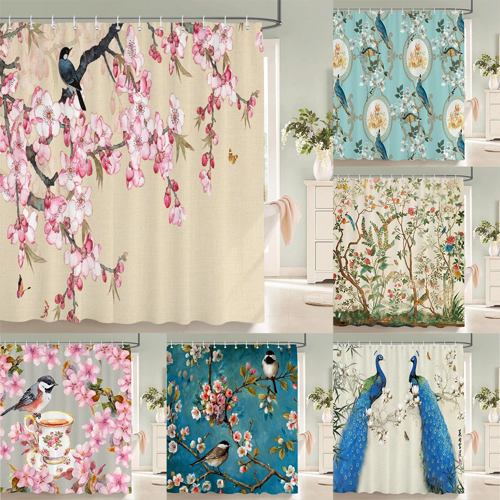 Flowers and Birds pattern Shower Curtain 3D Bath Screen Waterproof Fabric Bathroom Decor 240X180cm With Hook Shower Curtains