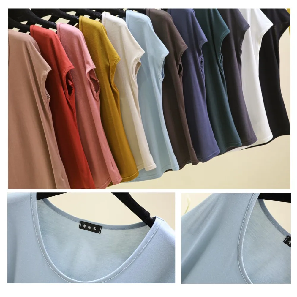 Damen-T-Shirt aus Modal, O-Ausschnitt, ärmellos, einfarbig, Basic-T-Shirt, lockeres T-Shirt, Übergröße, alles passend