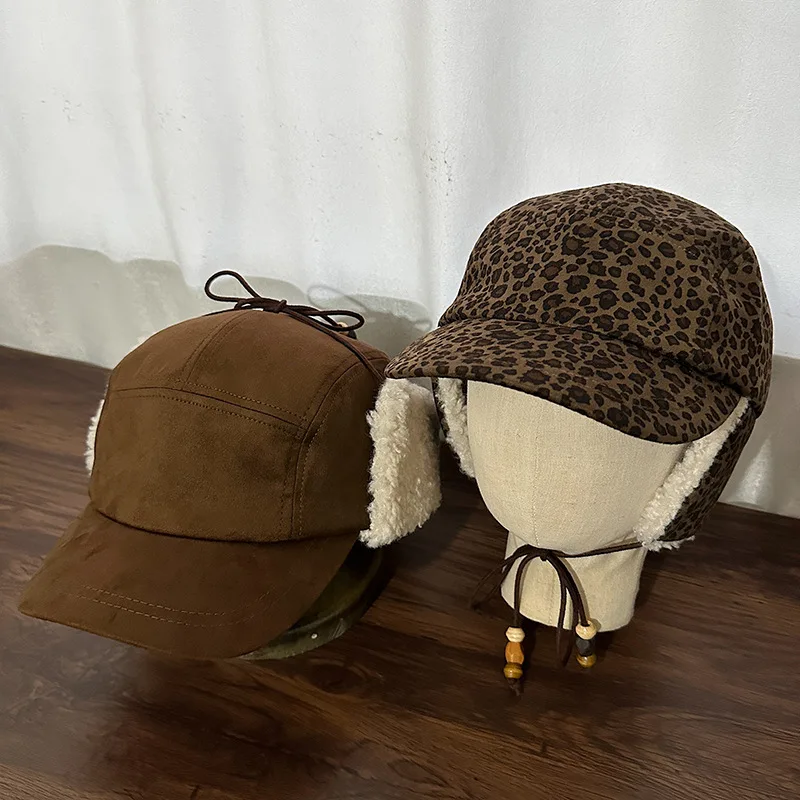 Autumn and Winter Leopard Print Thick Warm Pilot Caps for Men and Women Outdoor Cycling Windproof Ear Protection Baseball Cap