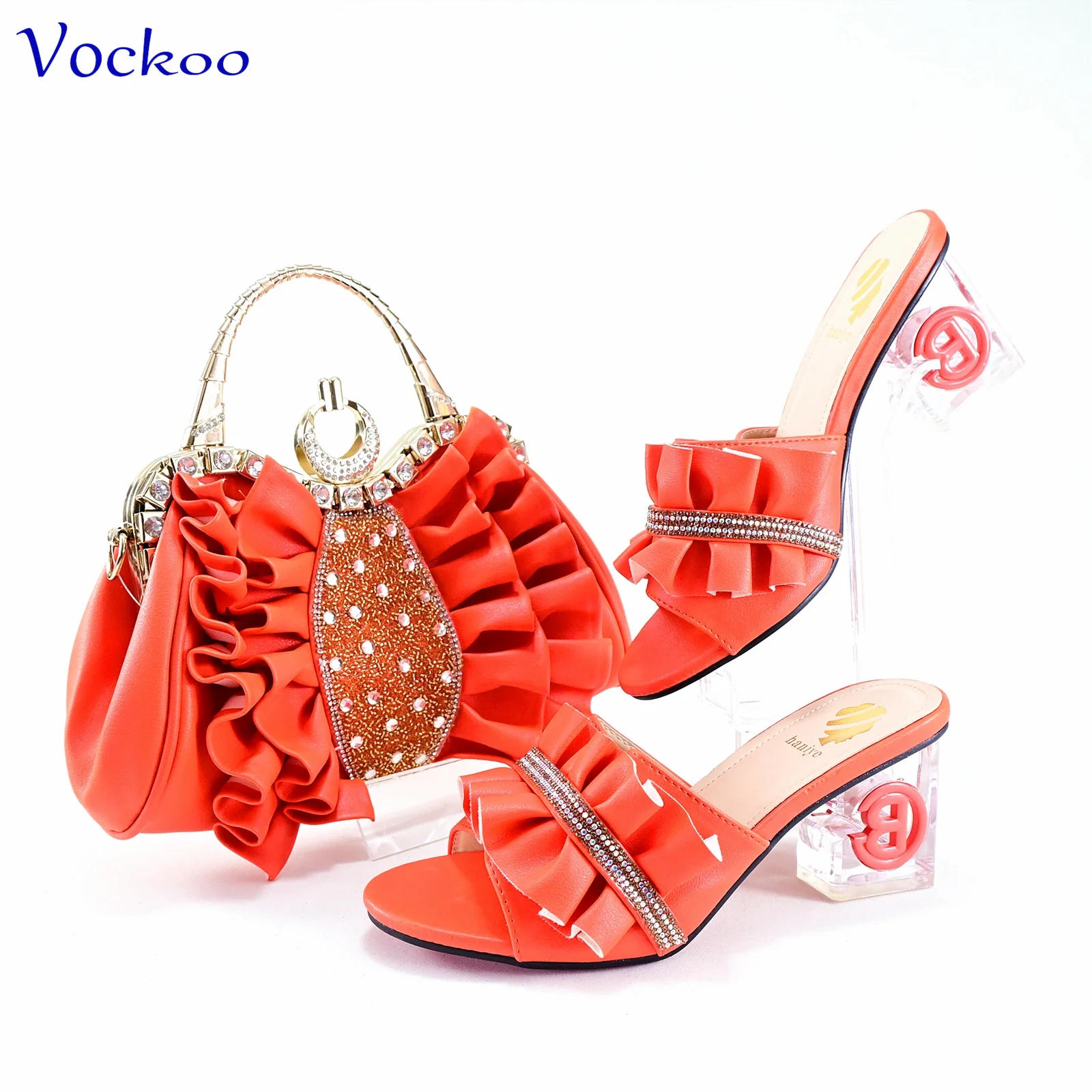 

2024 Newest Nigerian Women Shoes and Bag Set in Orange Color Special Comfortable Square Heels with Appliques for Wedding