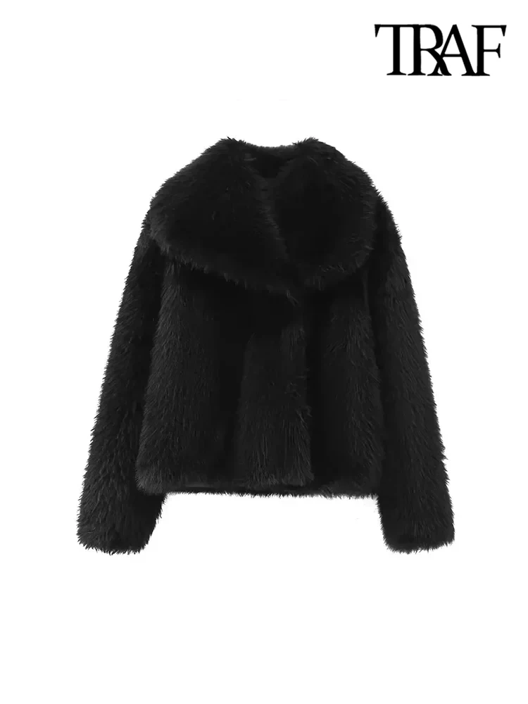 TRAF-Cropped Faux Fur Jacket for Women, Thick Warm Coat, Long Sleeve, Snap-Button, Female Outerwear, Chic Tops, Fashion