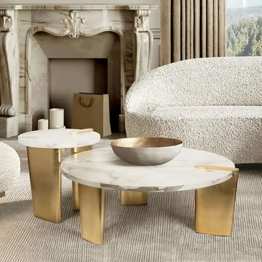 White Marble Pattern Round Wood Nesting Coffee Table Set of 2 Living Room Side Table with Gold Legs Spacious Storage Easy to