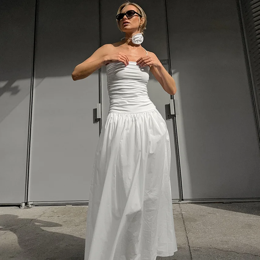 

Новое модное длинное платье с открытыми плечами на весну-лето 2026 года, облегающее, с завышенной талией, плиссированное, женское, в уличном стиле, белое