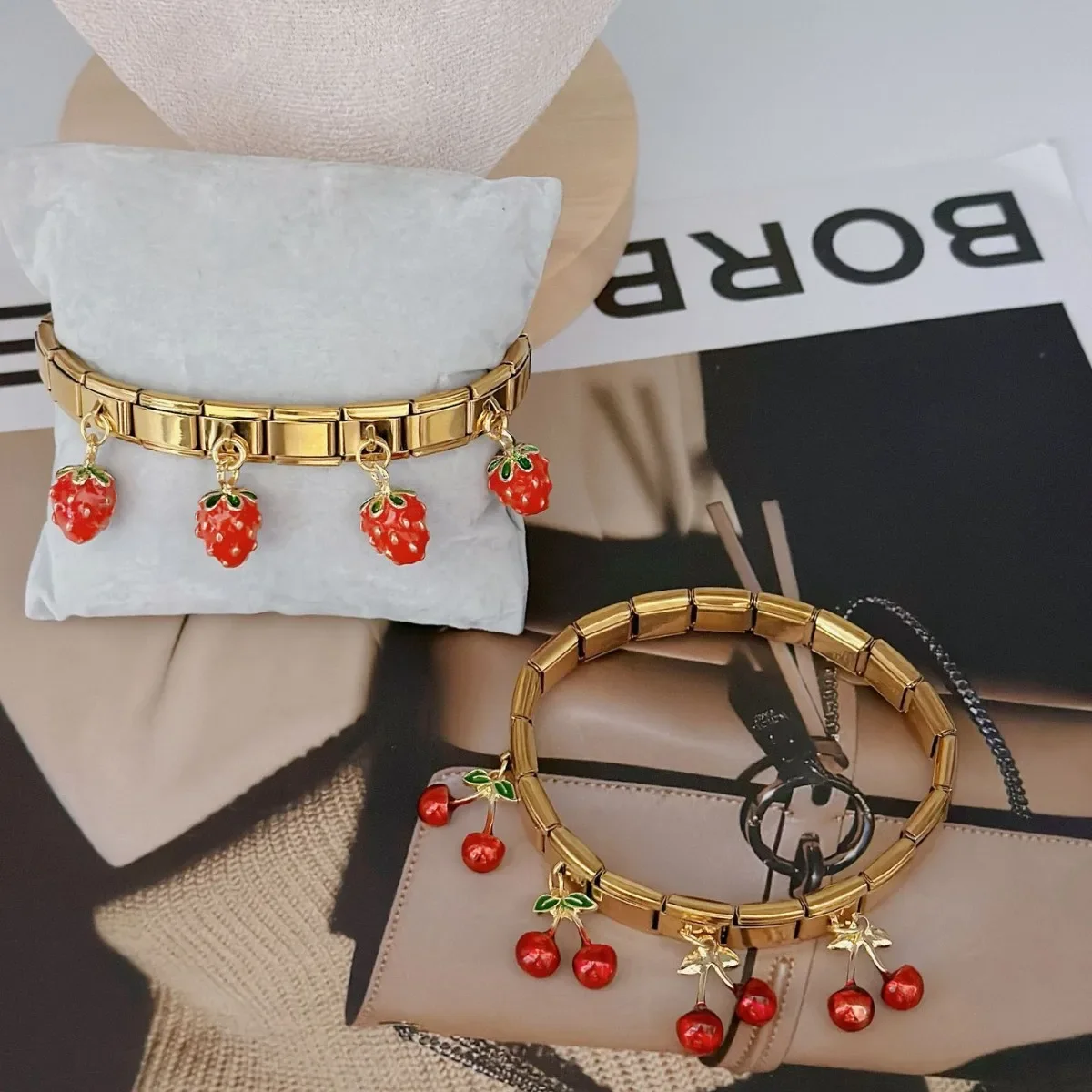 2024 Gold Colour Little Cherry Bangle for Women Stainless Steel Strawberry Fashion Lovely Jewelry Gift