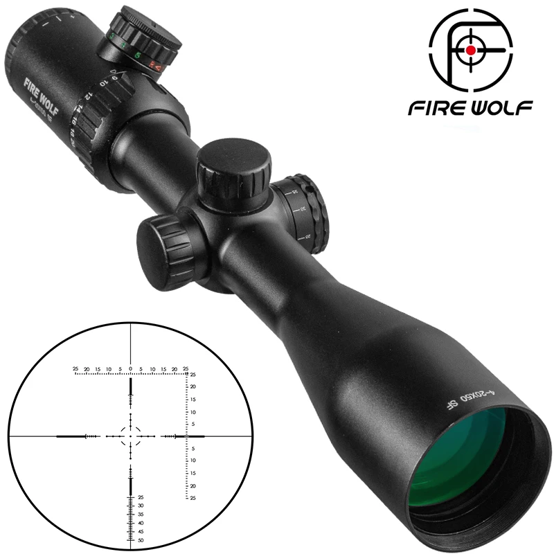 FIREWOLF 4-20X50 SF Riflescope Hunting Optics Scopes Adjustable Red Green Dot Illuminated Crosshair Sight Reticle Scope