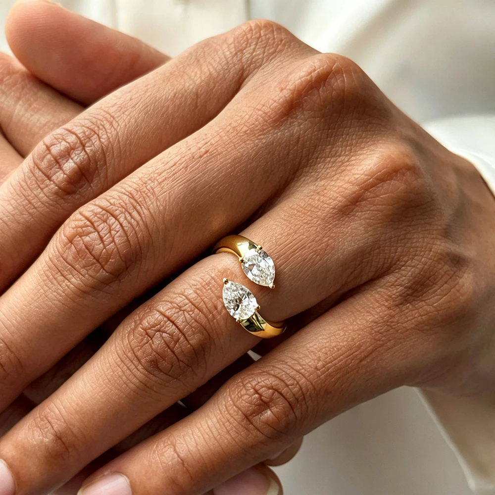 BXINY Toi Et Moi Pear Cut Moissanite Open Cuff Ring S925 Sterling Silver Two‑Teardrop Diamond Adjustable Rings For Women Jewelry
