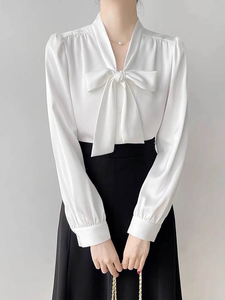 Women Chiffon Blouse 2024 Spring Summer New Arrivals Elegant Long Sleeve Bow Front Women Shirts & Blouses Work Office Lady Shirt