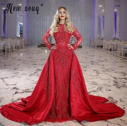 Vestido de noche rojo de Oriente Medio, traje de compromiso de Dubai, de manga larga, de lujo, con cuentas, para graduación, talla grande, novedad de 2024