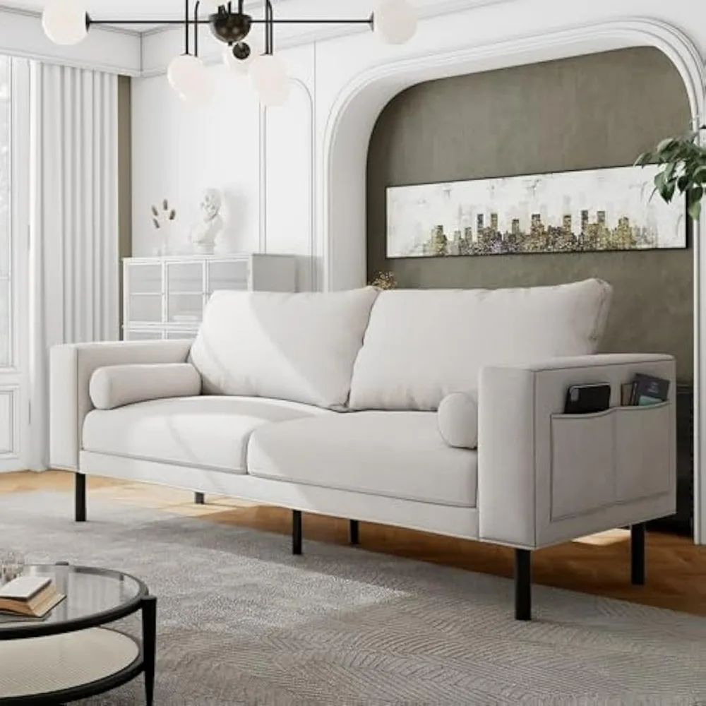 

88 "Medieval Modern Living Room Sofa, Double Sofa with 4 Side Storage Bags and 2 Pillows, Heavy Metal Frame, Beige