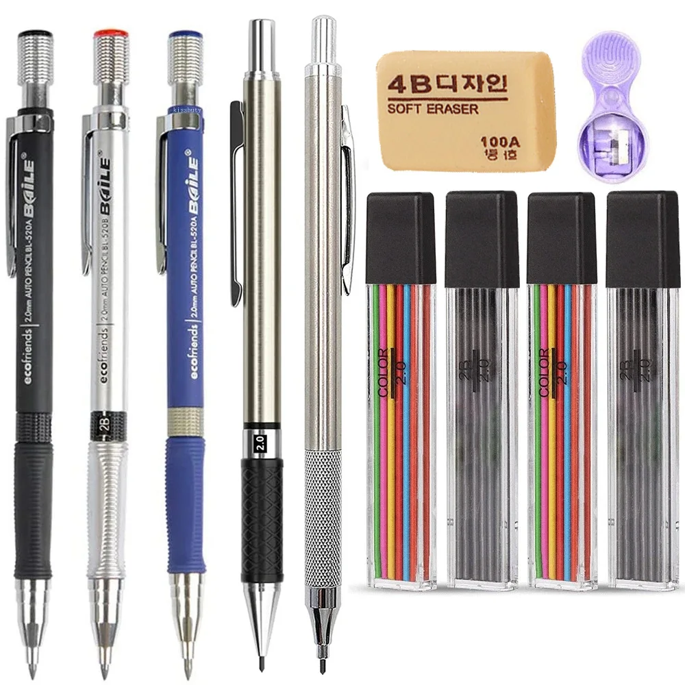 2.0mm 2B Mechanical Pencils Automatic Drawing Pencils with Color/Black Lead Refills Ideal for Student Sketch&School Stationery