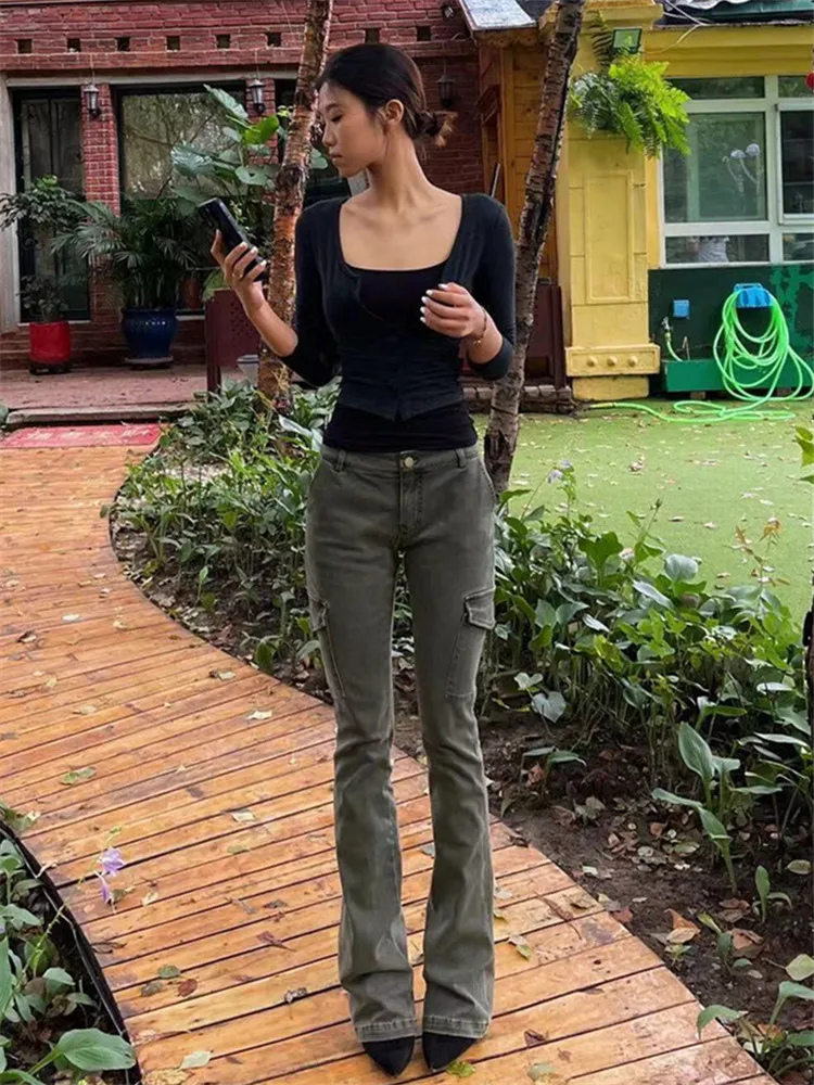 

American Retro Low Waist Flared Jeans Women's Spring Autumn Tightening Slim Multi Pocket Tall Extended Floor Length Pants